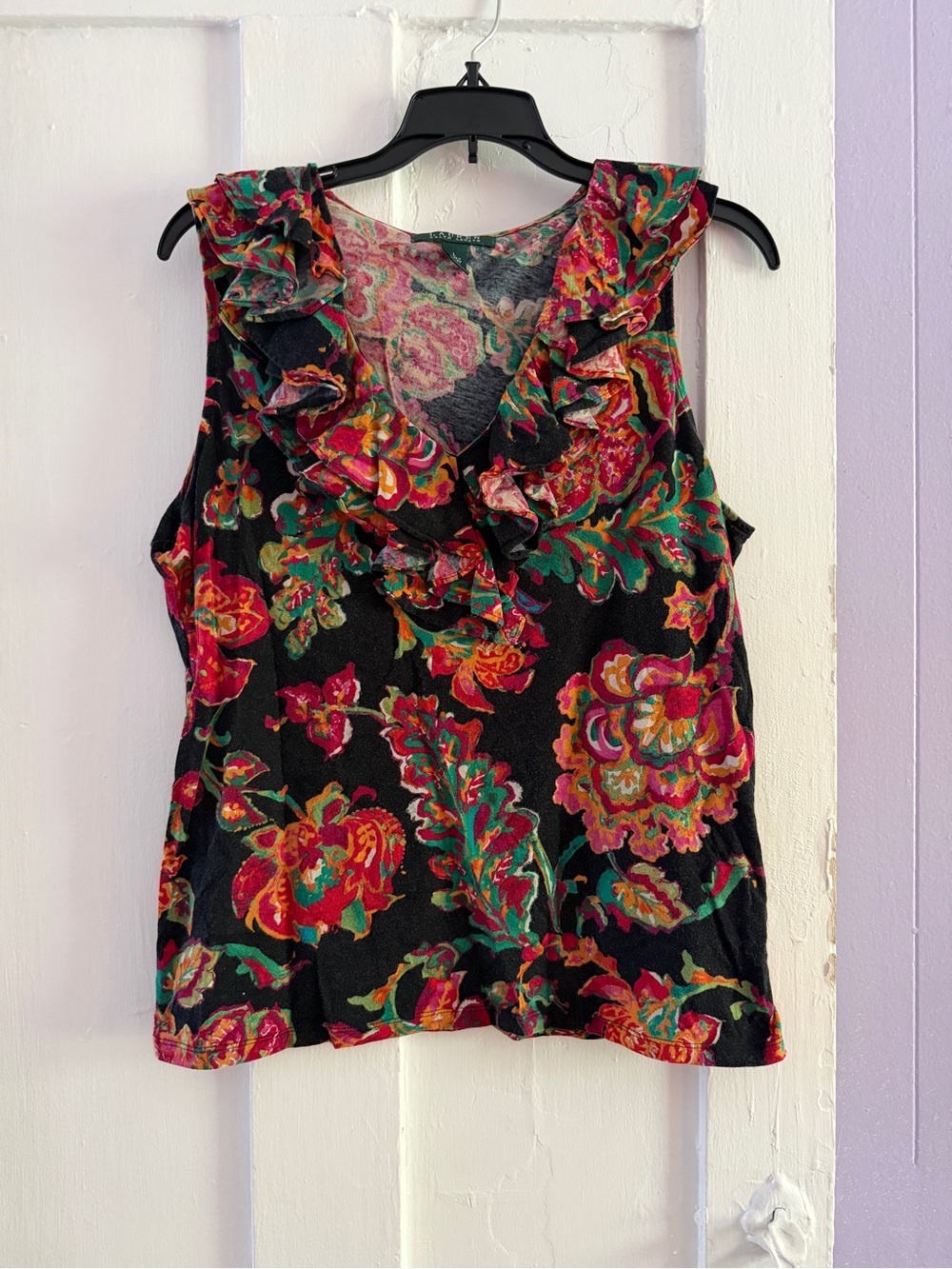 Ralph Lauren Black Sleeveless Ruffle V-Neck Top with Red & Green Floral